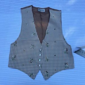 FACETS by MIRRORS VINTAGE 90s Checkered Floral Brown Fashion Vest Size Large 14